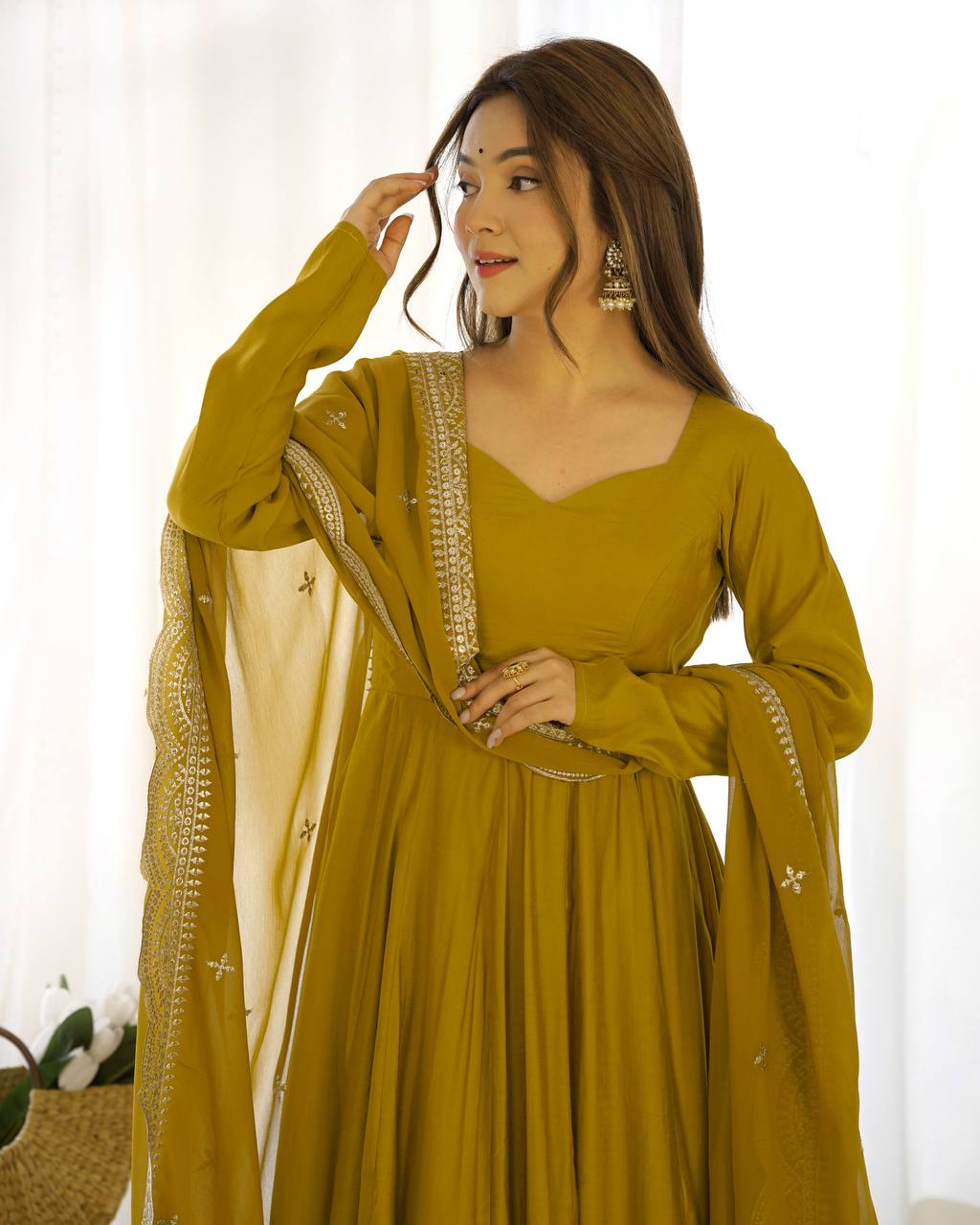 Mustard Flared Anarkali Suit Set With Scalloped Dupatta