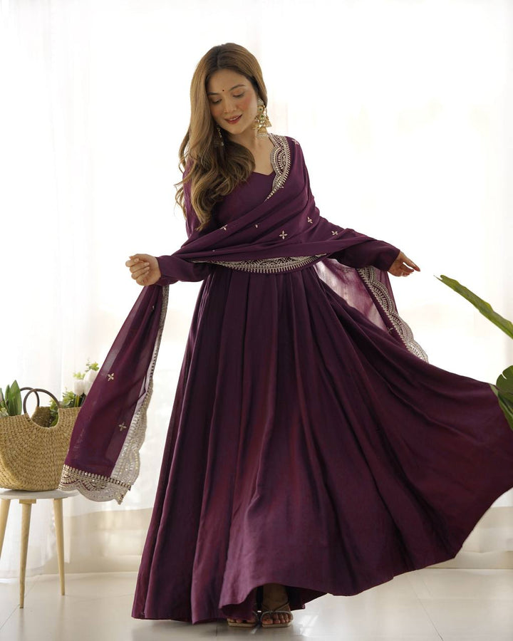 Wine Flared Anarkali Suit Set With Scalloped Dupatta
