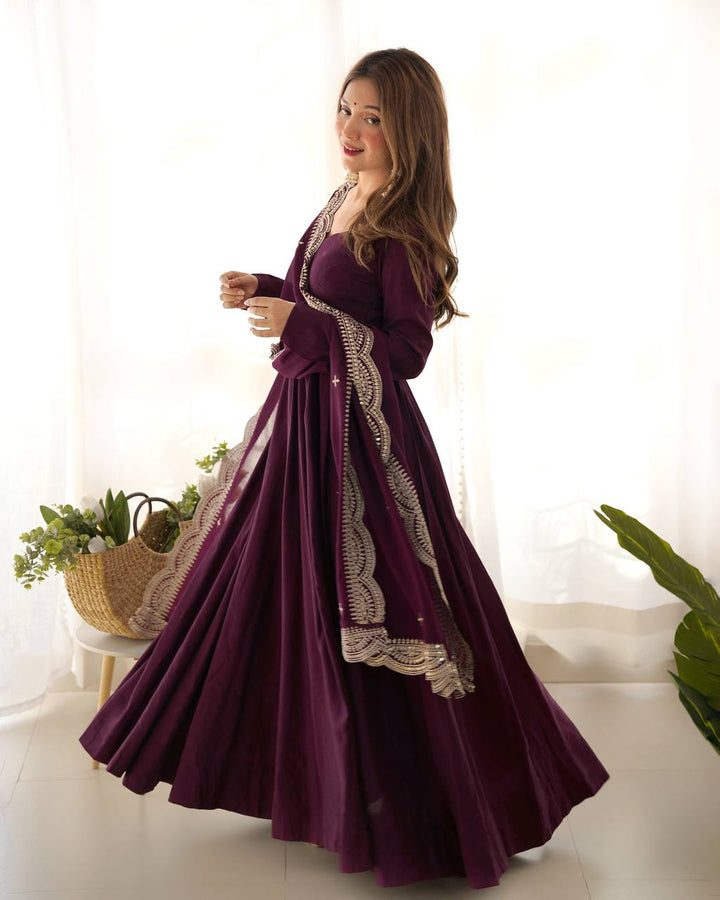 Wine Flared Anarkali Suit Set With Scalloped Dupatta