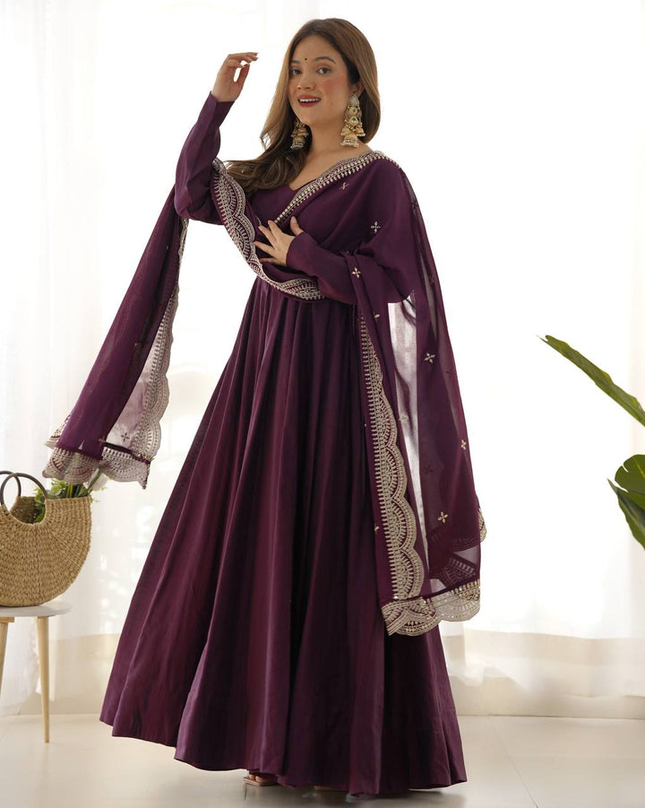 Wine Flared Anarkali Suit Set With Scalloped Dupatta