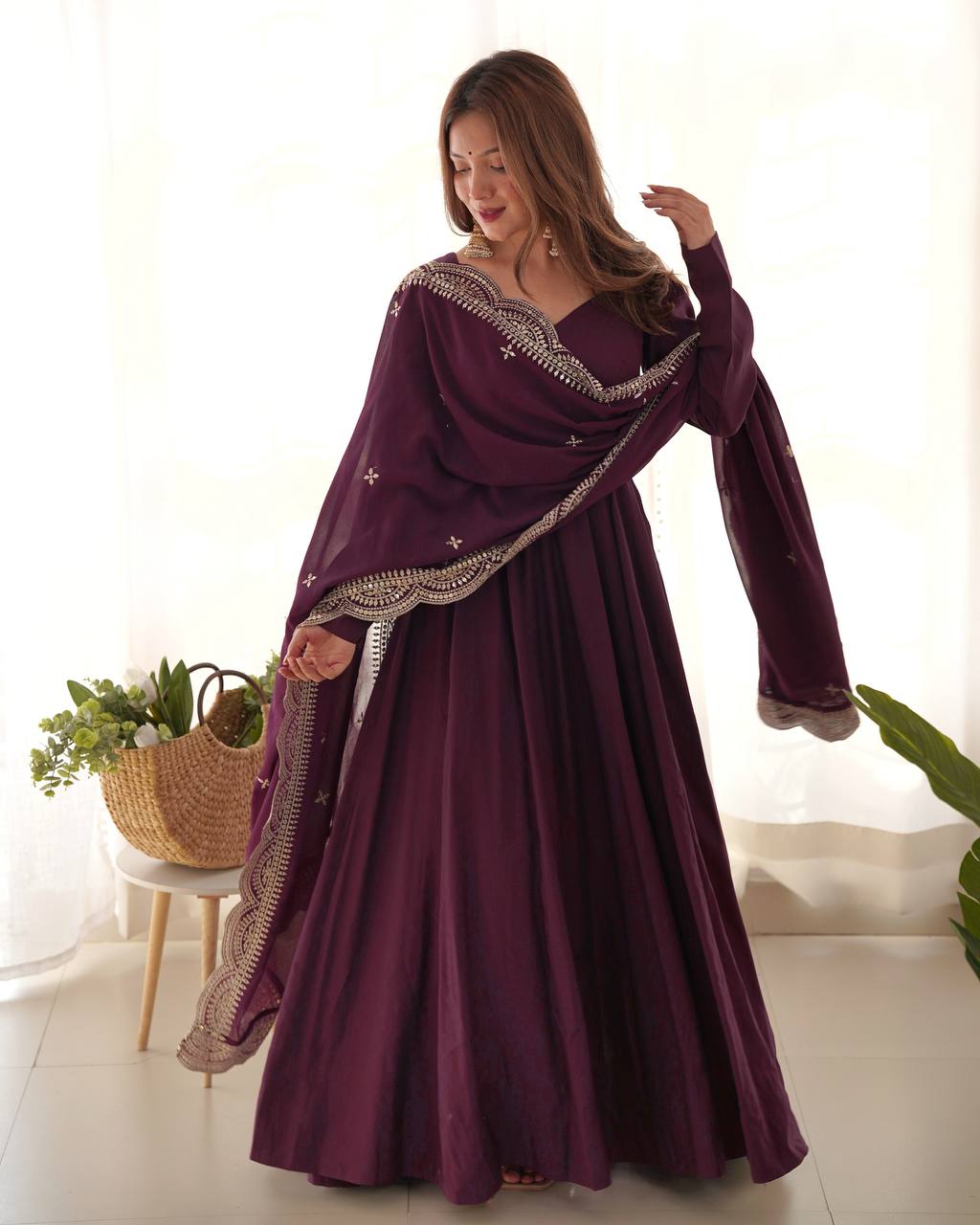 Wine Flared Anarkali Suit Set With Scalloped Dupatta
