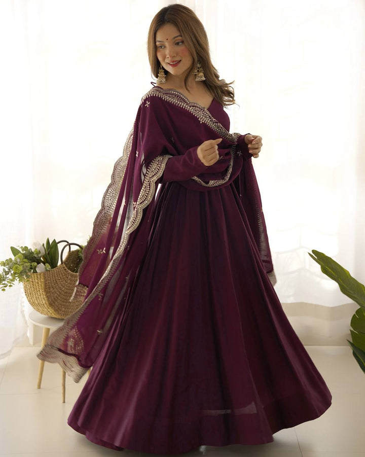 Wine Flared Anarkali Suit Set With Scalloped Dupatta