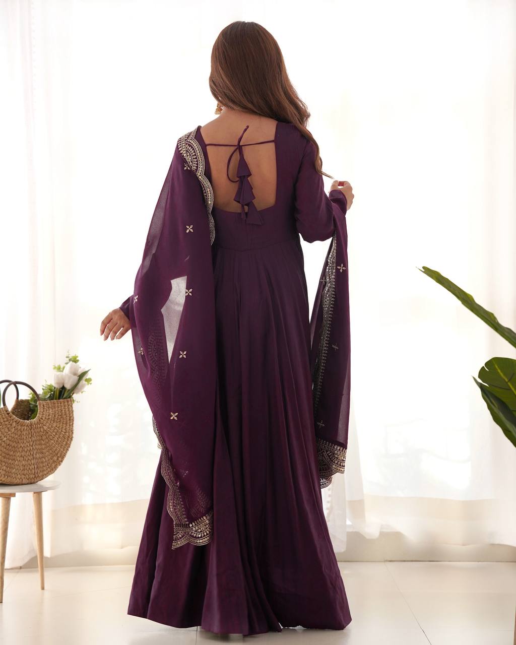 Wine Flared Anarkali Suit Set With Scalloped Dupatta