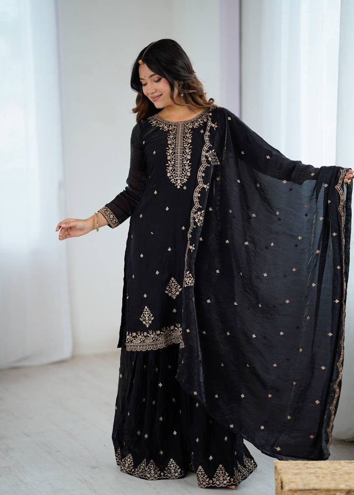 Black Gold Zari Embroidered Sharara Suit