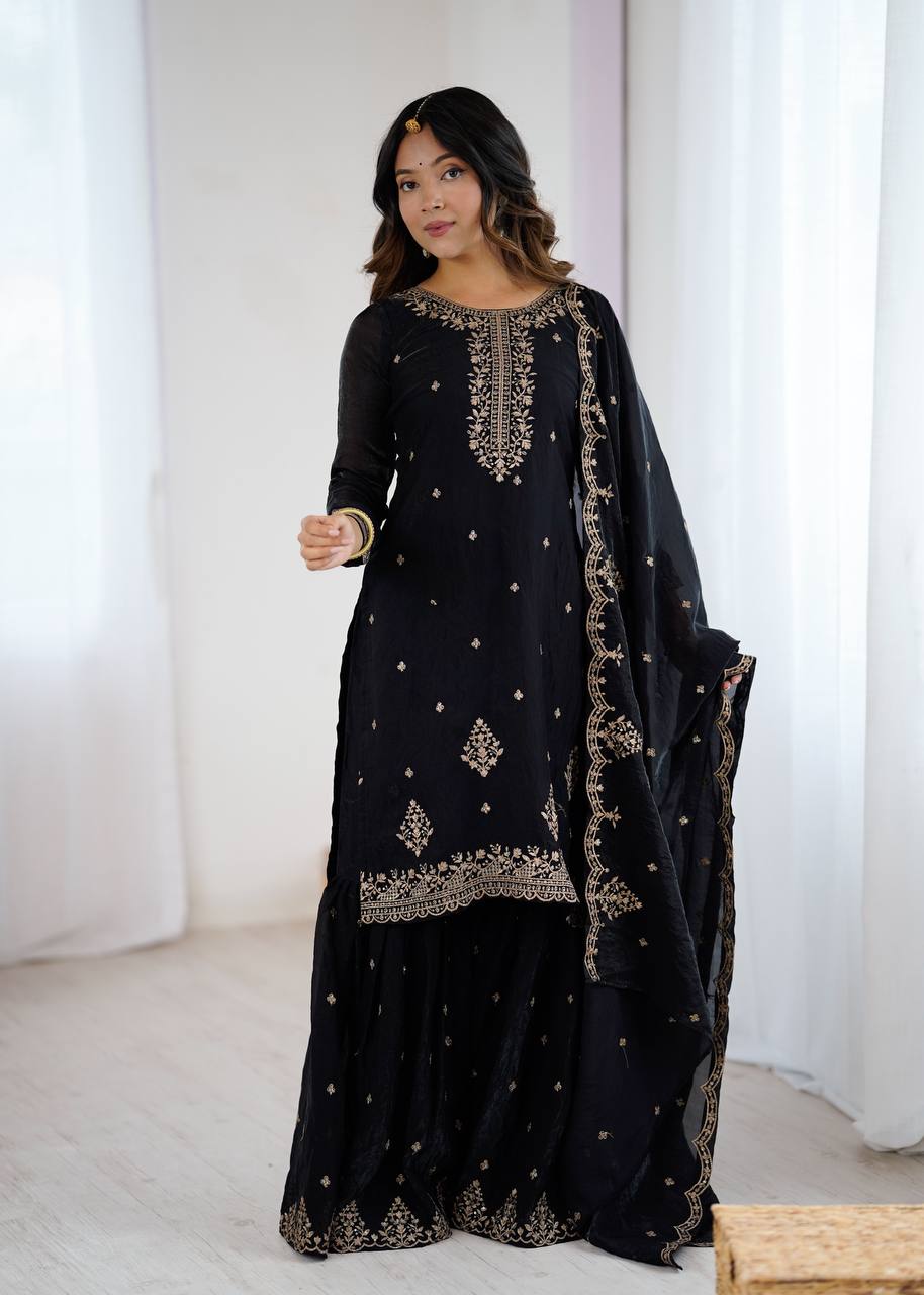 Black Gold Zari Embroidered Sharara Suit