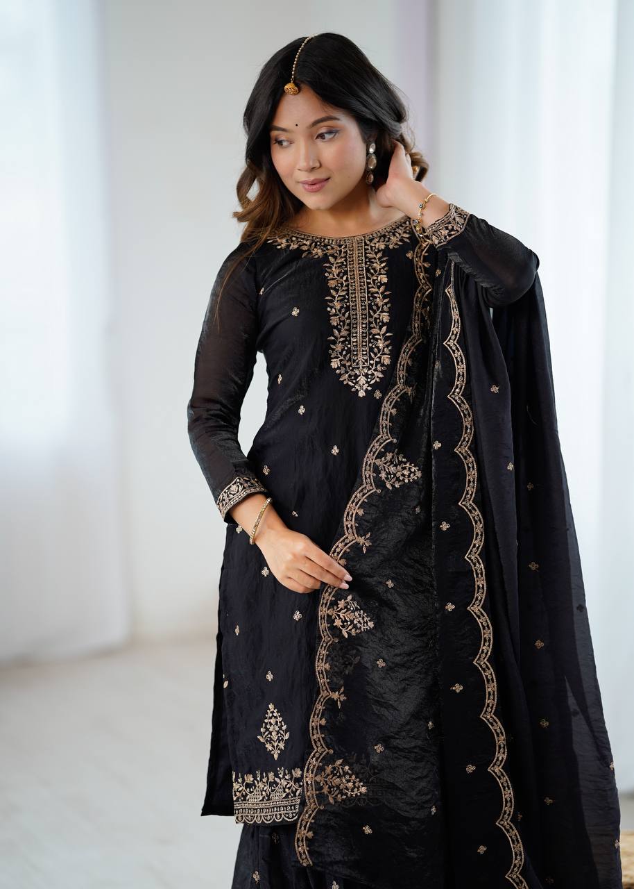 Black Gold Zari Embroidered Sharara Suit