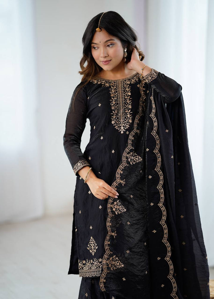 Black Gold Zari Embroidered Sharara Suit