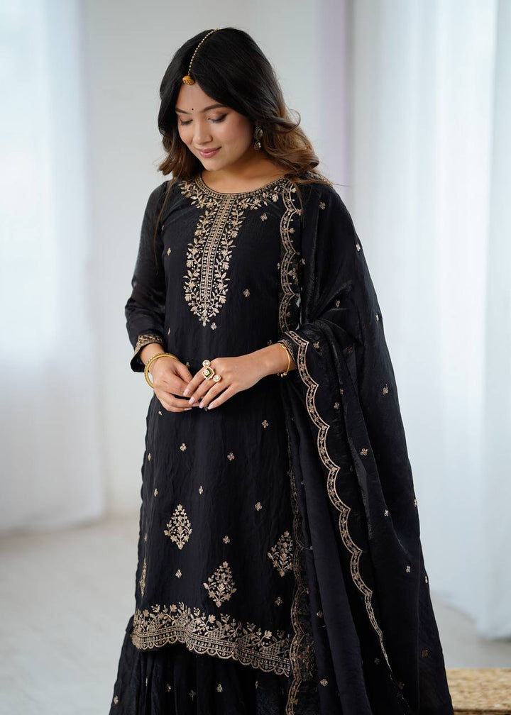 Black Gold Zari Embroidered Sharara Suit