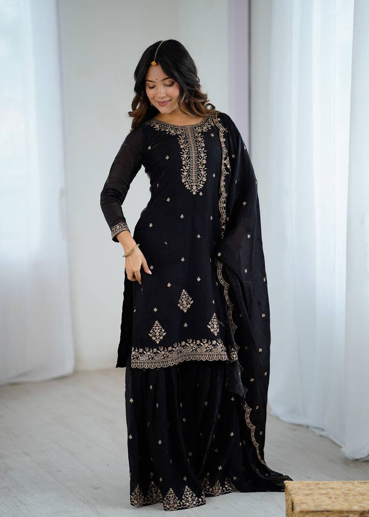 Black Gold Zari Embroidered Sharara Suit