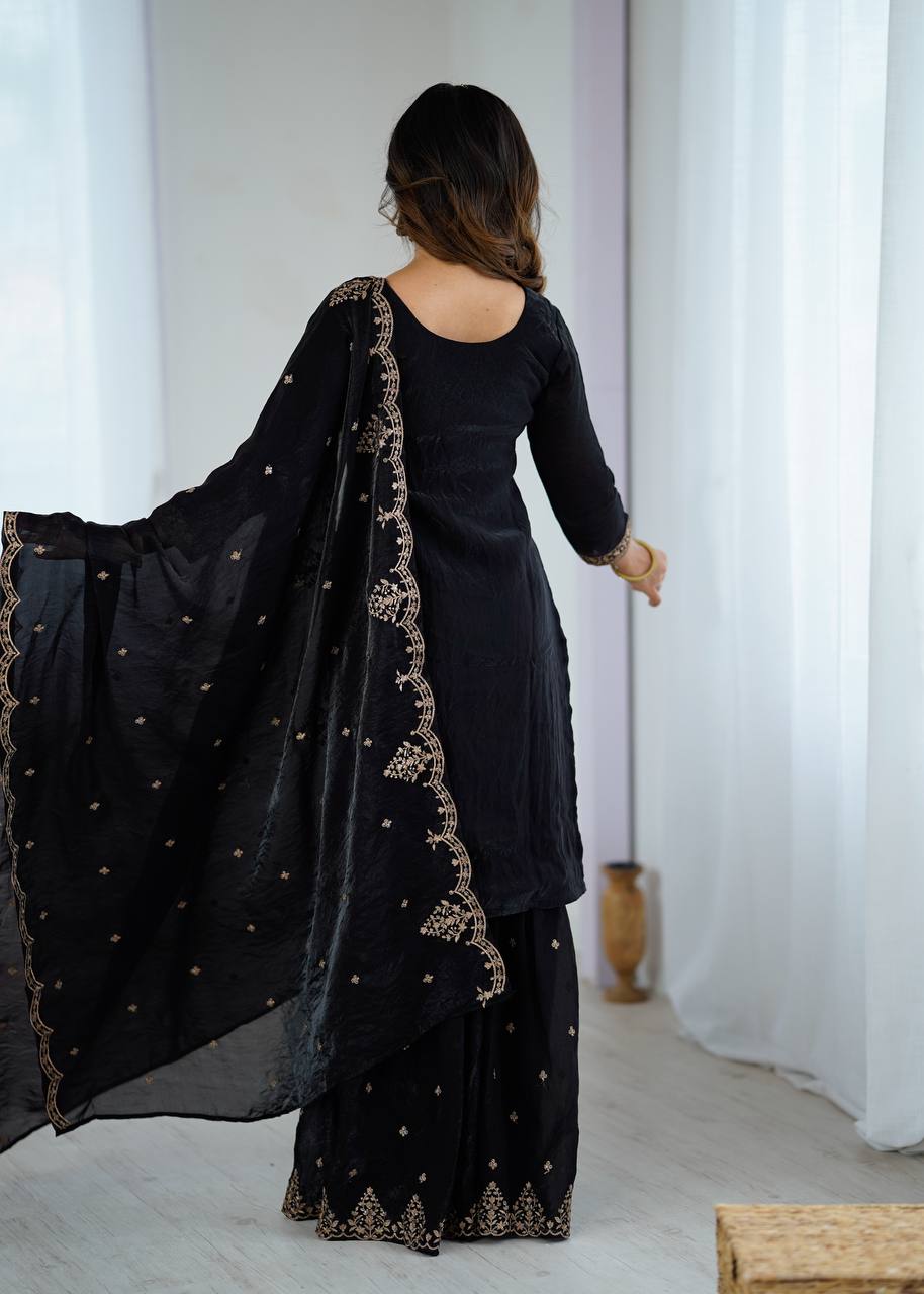Black Gold Zari Embroidered Sharara Suit