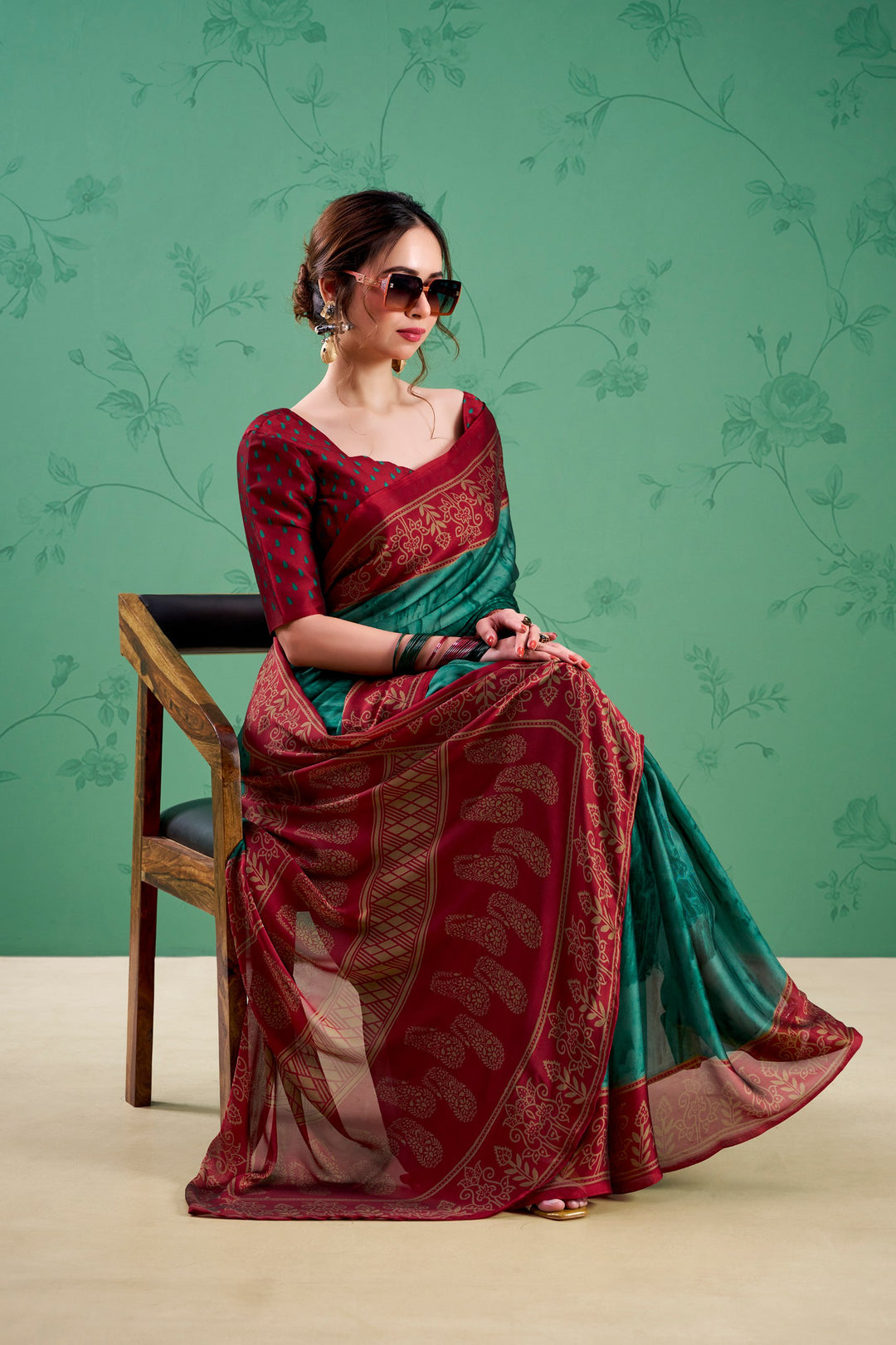 Teal Green Color Paisley Printed Silk Saree