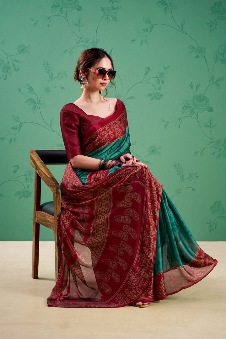 Teal Green Color Paisley Printed Silk Saree