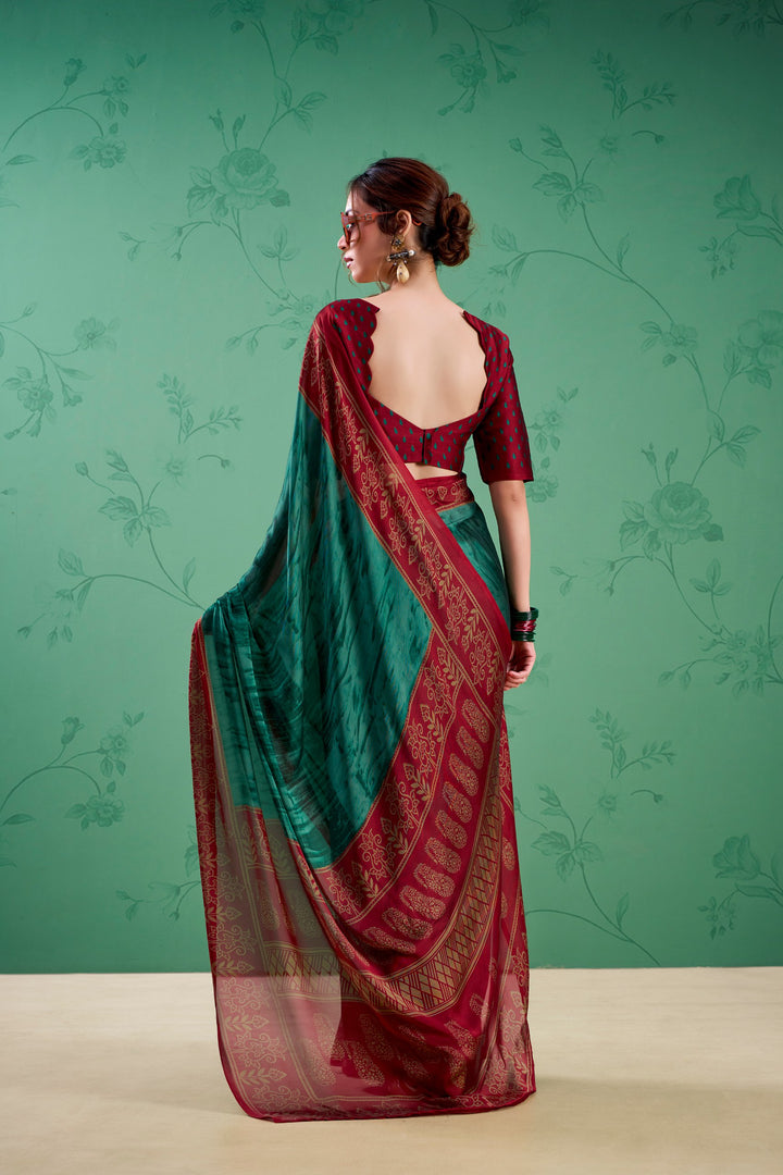 Teal Green Color Paisley Printed Silk Saree