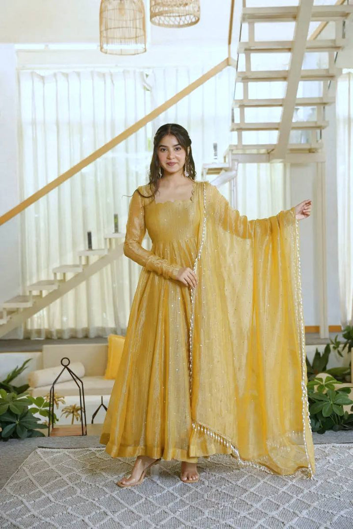 Yellow Color Scalloped Neck Salsa Silk Gown