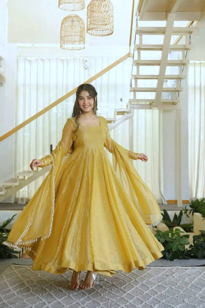 Yellow Color Scalloped Neck Salsa Silk Gown