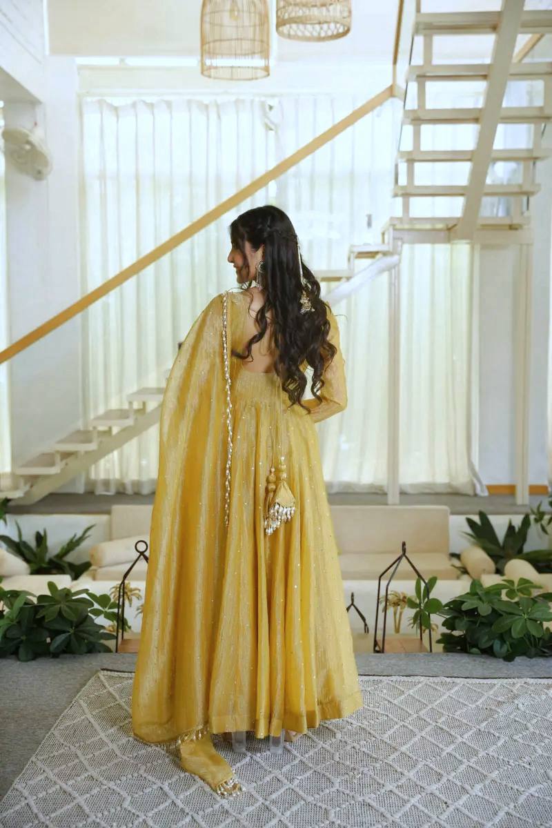Yellow Color Scalloped Neck Salsa Silk Gown