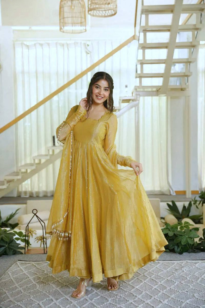 Yellow Color Scalloped Neck Salsa Silk Gown
