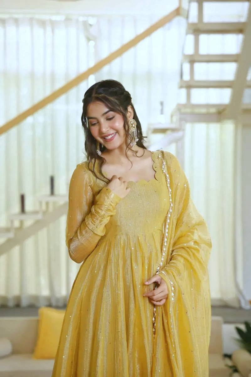 Yellow Color Scalloped Neck Salsa Silk Gown
