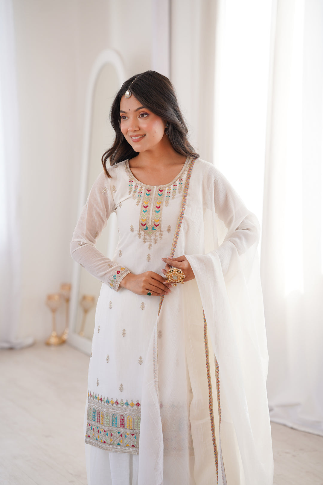Designer White Crunchy Silk Embroidered Sharara Suit