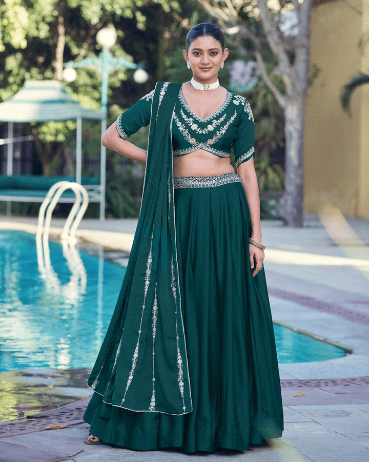 Embellished Peacock Green Color Rangoli Crush Lehenga Choli