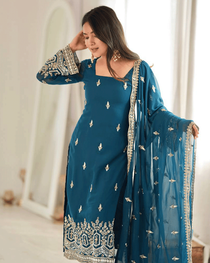 Rama Color Embroidered Traditional Kurta Pant Dupatta Set