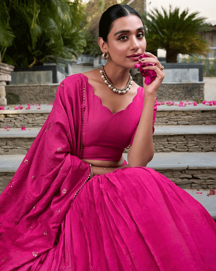 Vibrant Pink Color Pure Chanderi Lehenga Choli