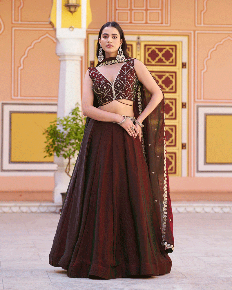 Maroon Color Embroidered Embellished Lehenga Choli