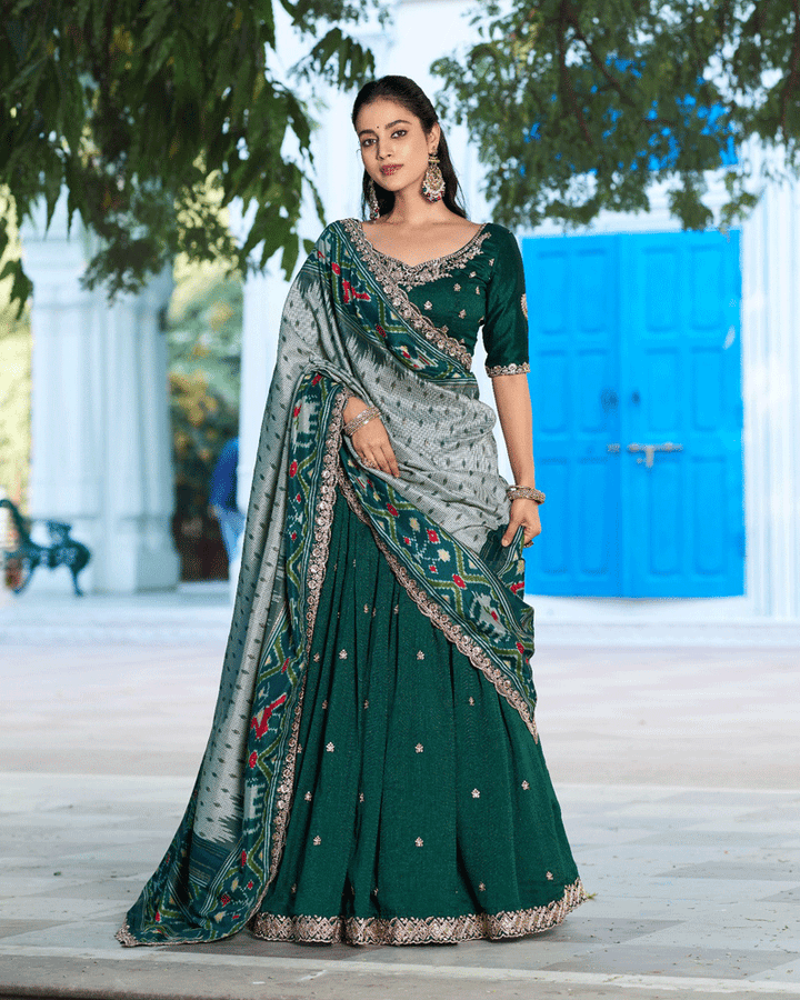 Ethnic Green Color Vichitra Silk Embroidered Lehenga Choli