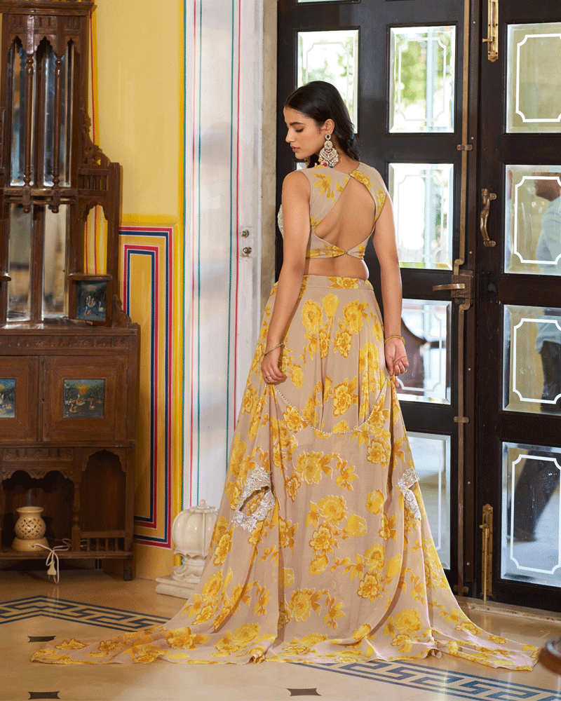 Mustard Georgette Embroidered Lehenga Choli