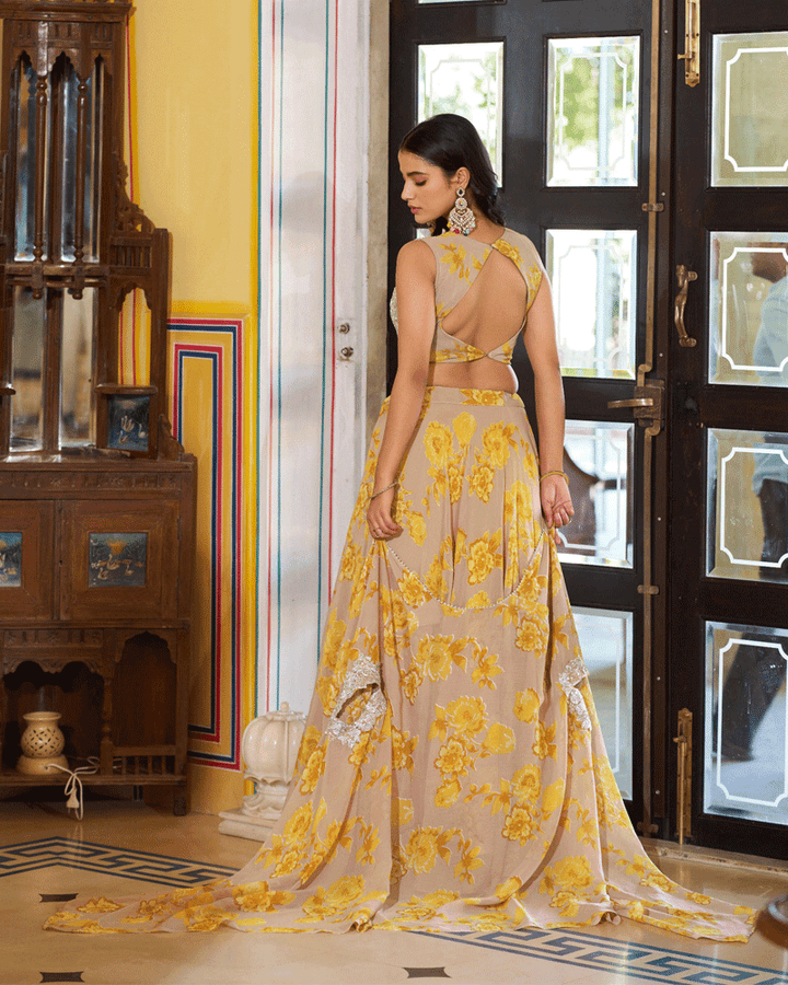 Mustard Georgette Embroidered Lehenga Choli
