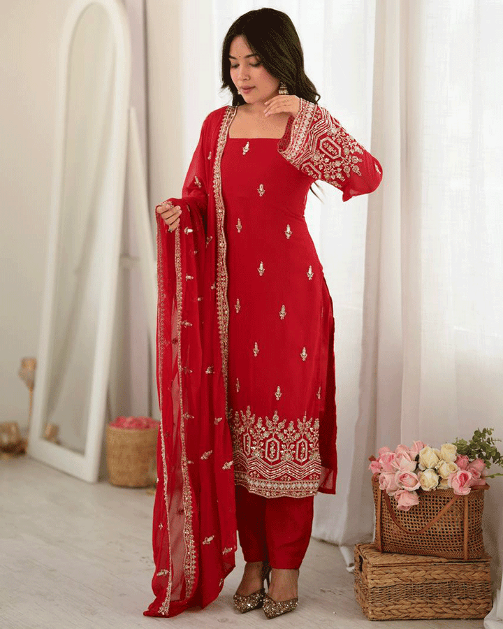 Red Color Embroidered Traditional Kurta Pant Dupatta Set