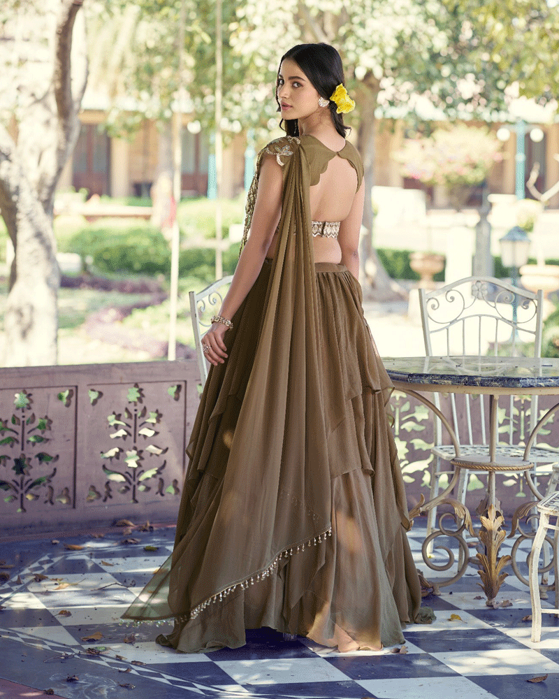 Elegant Olive Green Embroidered Layered Lehenga Choli