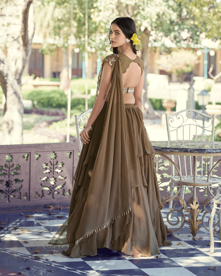 Elegant Olive Green Embroidered Layered Lehenga Choli