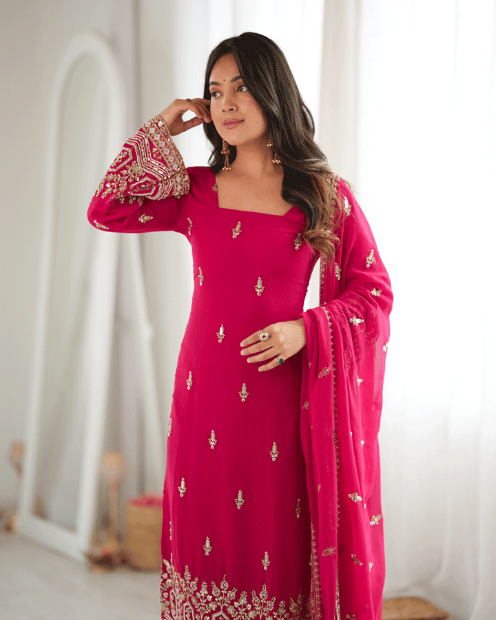 Rani Pink Color Embroidered Traditional Kurta Pant Dupatta Set