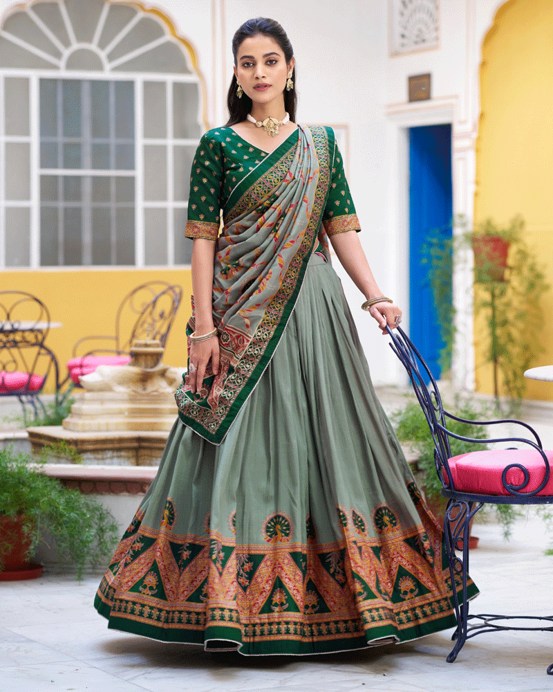 Designer Green Color Tasar Silk Printed Lehenga Choli