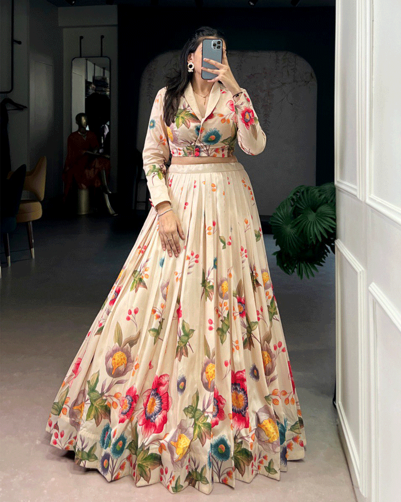 Cream Tasar Silk Multi Printed Lehenga Choli