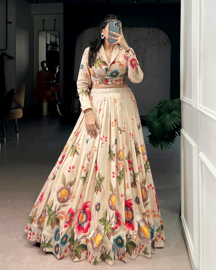 Cream Tasar Silk Multi Printed Lehenga Choli