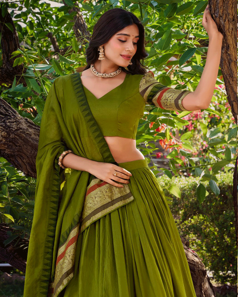 Traditional Mehndi Color Pure Chanderi Lehenga Choli