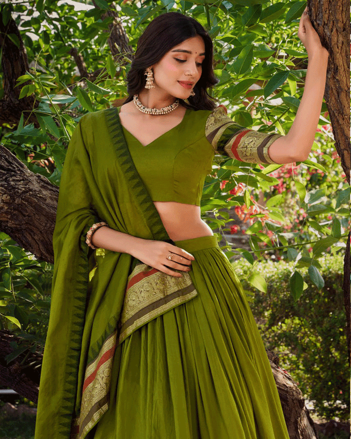Traditional Mehndi Color Pure Chanderi Lehenga Choli