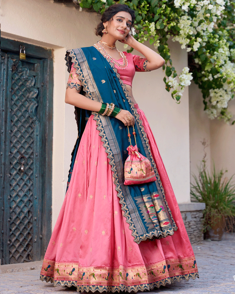Light Pink Embroidered Jacquard Paithani Silk Lehenga Choli