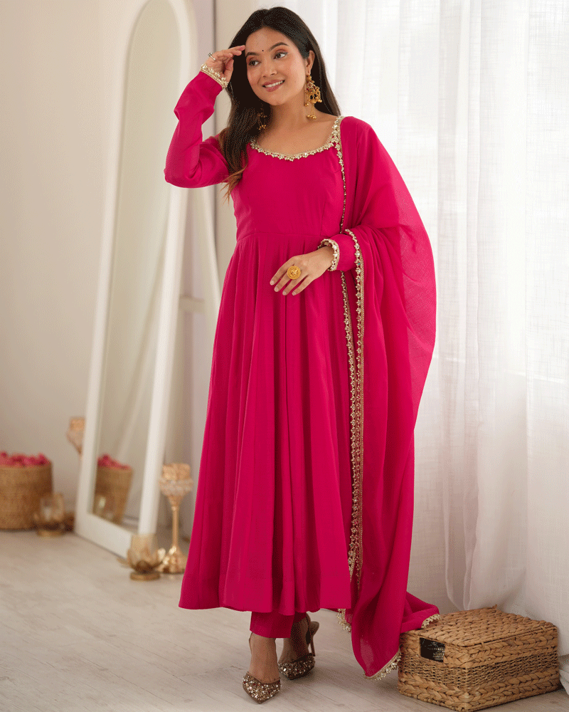 Royal Pink Flared Anarkali Kurta Pant Dupatta Set
