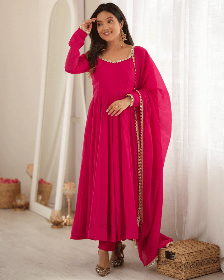 Royal Pink Flared Anarkali Kurta Pant Dupatta Set