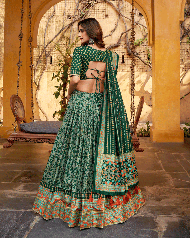 Green Color Sparkle Printed Silk Lehenga Choli
