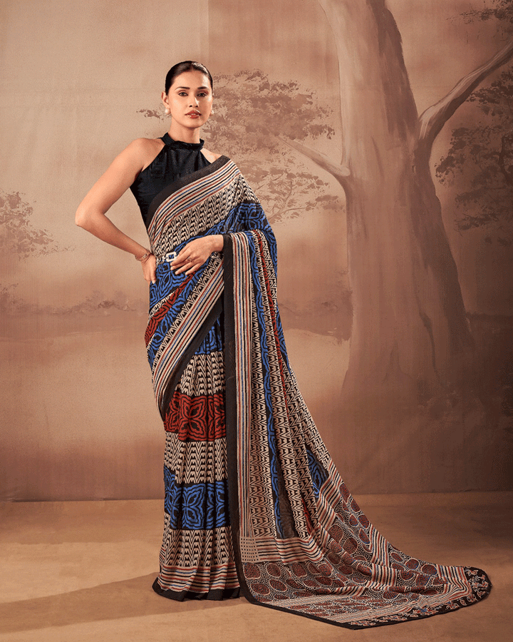 Designer Navy Blue Color Geometric Printed Saree