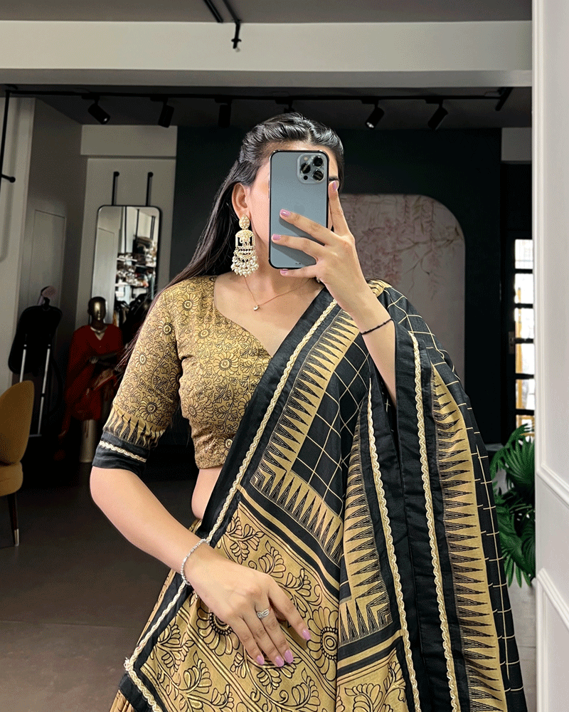 Gold Color Kalamkari Printed Flared Lehenga Choli Set