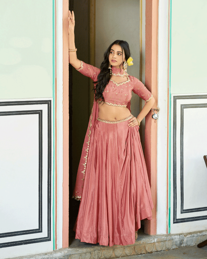 Peach Color Chinon Silk Embroidered Glamorous Lehenga Choli