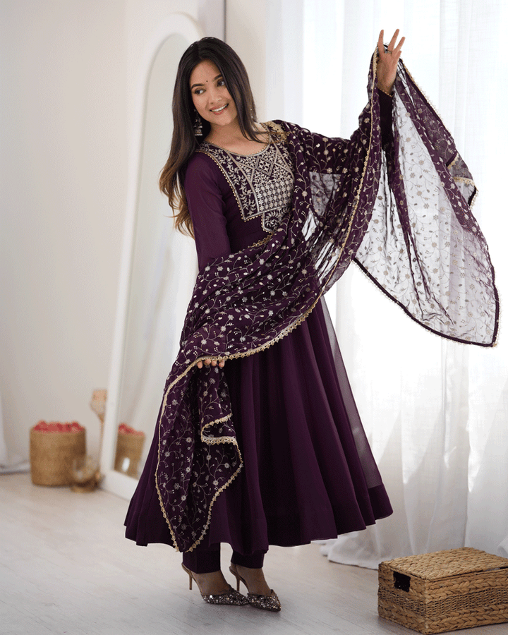 Wine Purple Color Georgette Embroidered Anarkali Suit