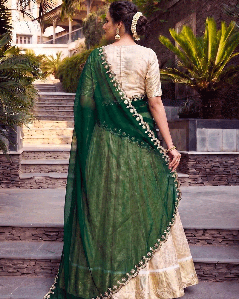 Green Color Crafted Jacquard Chex Half Saree