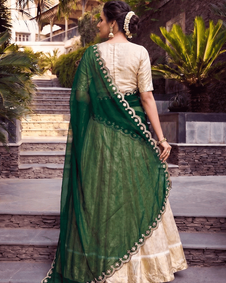 Green Color Crafted Jacquard Chex Half Saree