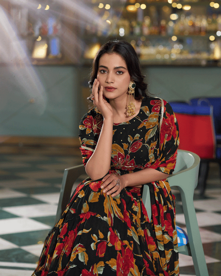 Designer Black Floral Printed Marble Lehenga Choli
